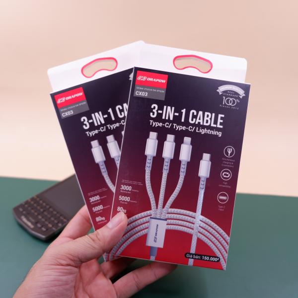 Cáp sạc nhanh 3 đầu cổng C DRAPOW CX03 ( Type-C to C + C + L ) mỗi cổng công suất 12W